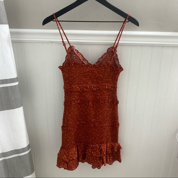 OLIVACEOUS Orange Smocked Ruffle Rib Knit 100% Rayon Bodycon Mini Dress Small - Picture 6 of 13